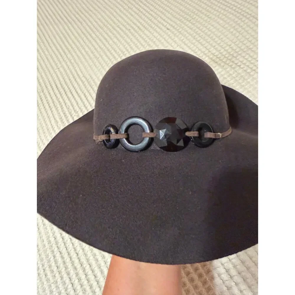 VTG Scala Pronto Y2K Boho 100% Wool Deep Brown Black Beaded Detail Floppy Hat